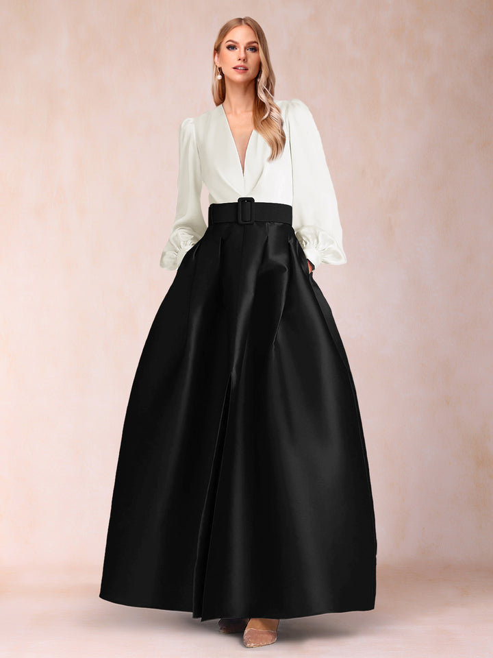 Satin A-Line/Princess V-Neck Floor-Length Long Sleeves Mother of the Bride Dresses With Belt