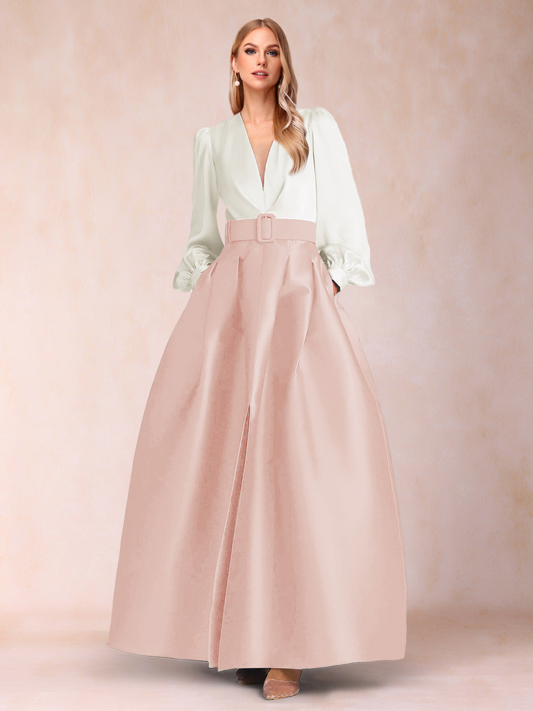 Satin A-Line/Princess V-Neck Floor-Length Long Sleeves Mother of the Bride Dresses With Belt