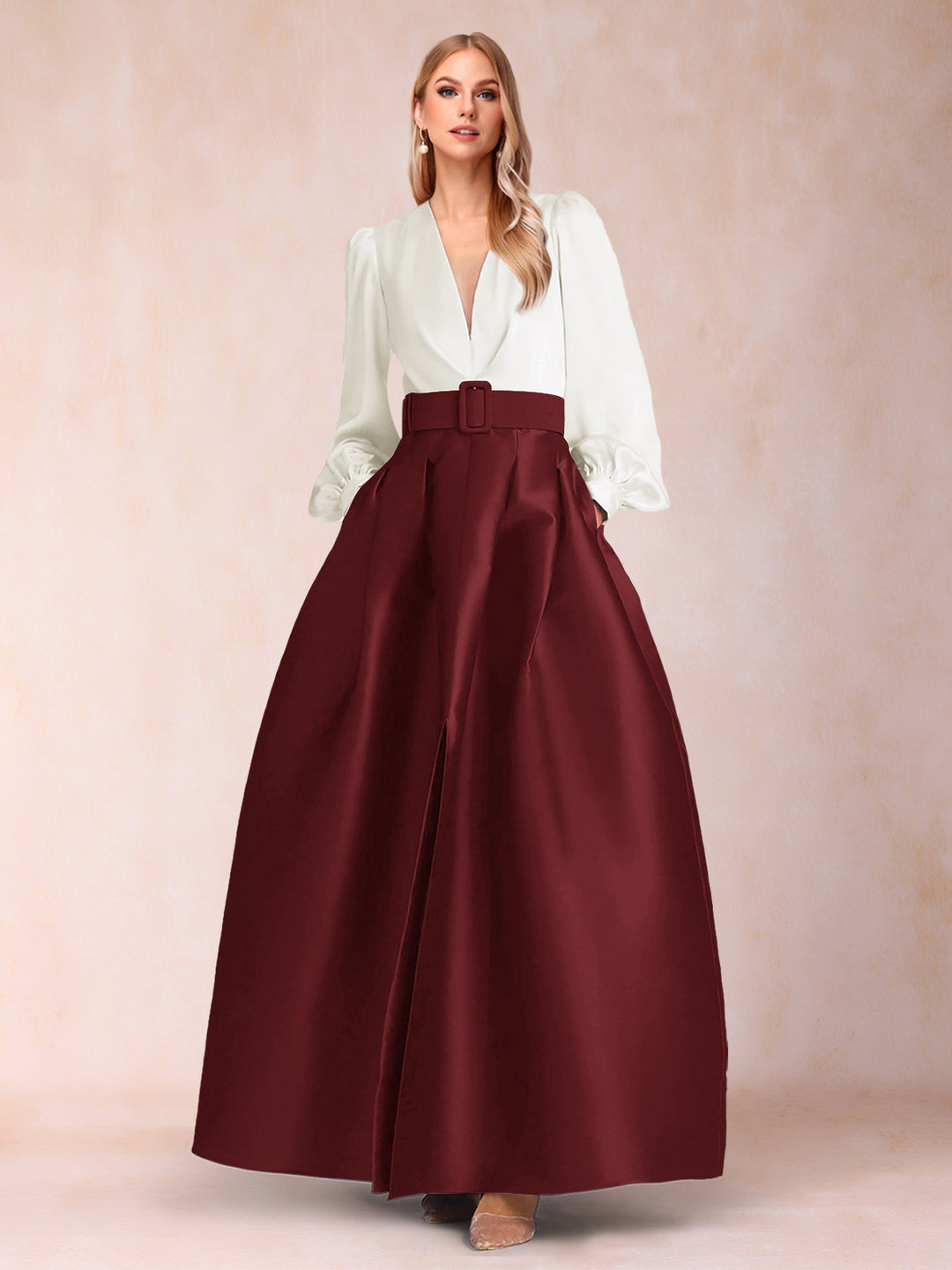 Satin A-Line/Princess V-Neck Floor-Length Long Sleeves Mother of the Bride Dresses With Belt