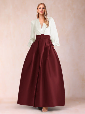 Satin A-Line/Princess V-Neck Floor-Length Long Sleeves Mother of the Bride Dresses With Belt
