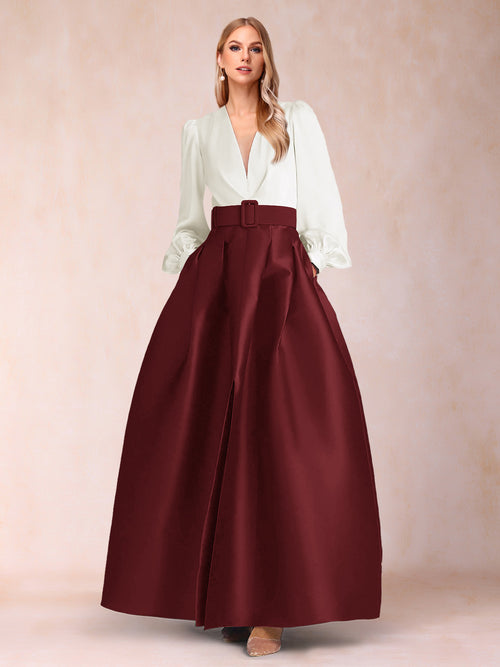 Satin A-Line/Princess V-Neck Floor-Length Long Sleeves Mother of the Bride Dresses With Belt
