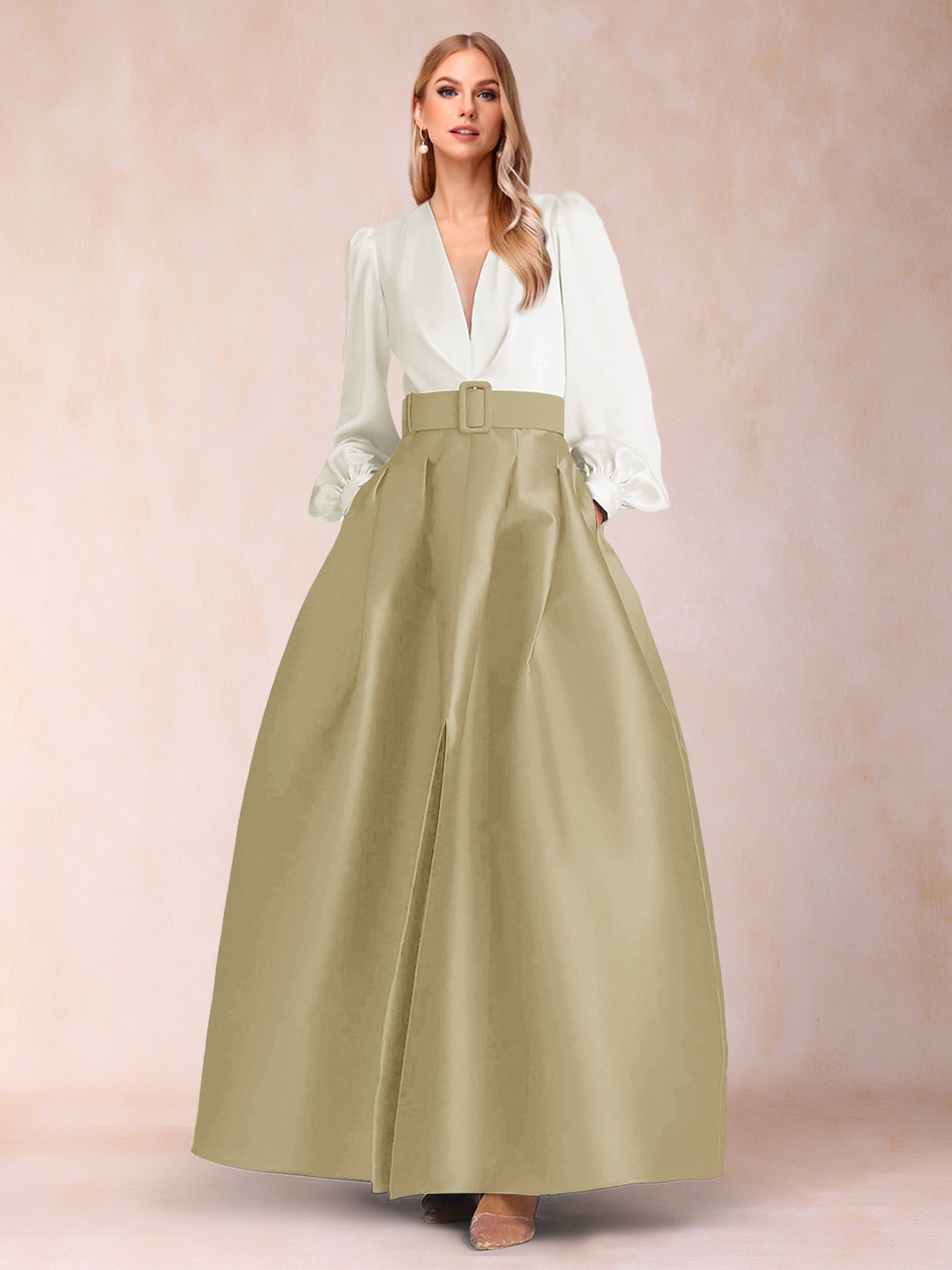 Satin A-Line/Princess V-Neck Floor-Length Long Sleeves Mother of the Bride Dresses With Belt