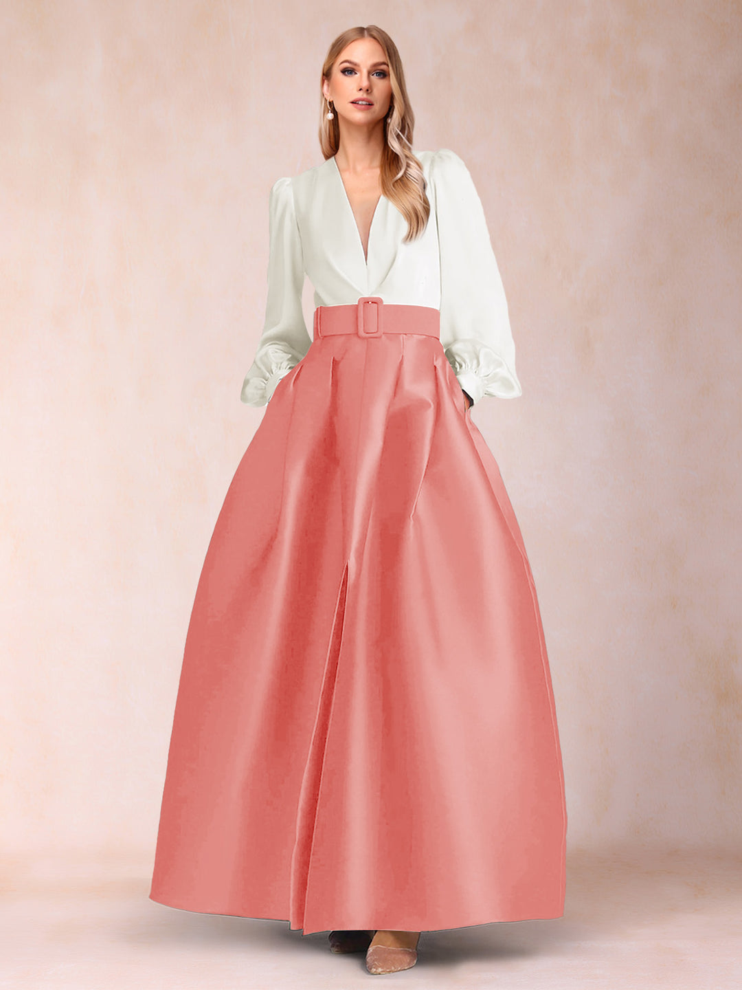 Satin A-Line/Princess V-Neck Floor-Length Long Sleeves Mother of the Bride Dresses With Belt