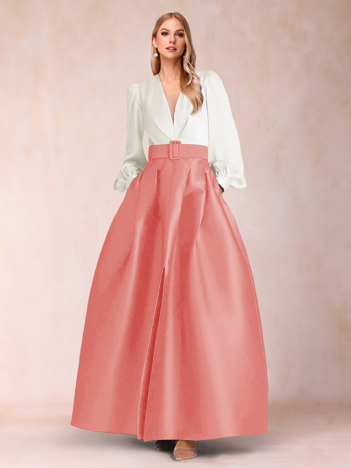 Satin A-Line/Princess V-Neck Floor-Length Long Sleeves Mother of the Bride Dresses With Belt
