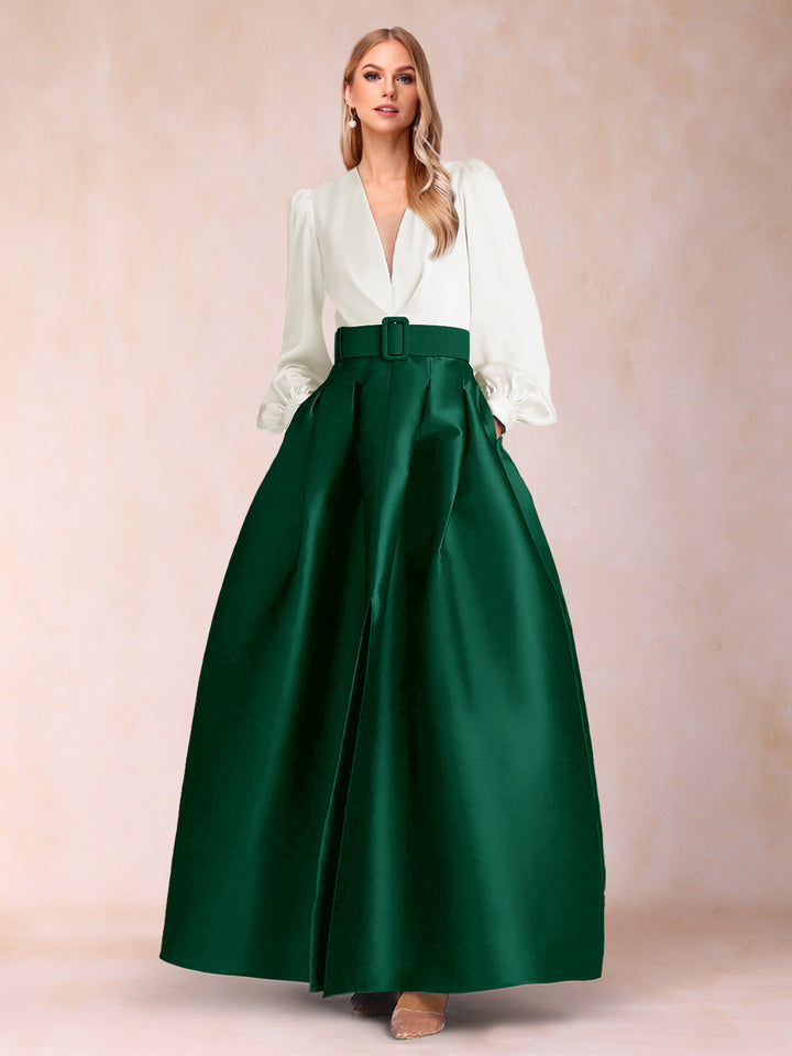 Satin A-Line/Princess V-Neck Floor-Length Long Sleeves Mother of the Bride Dresses With Belt