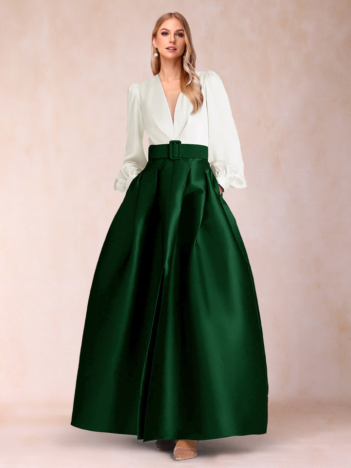 Satin A-Line/Princess V-Neck Floor-Length Long Sleeves Mother of the Bride Dresses With Belt
