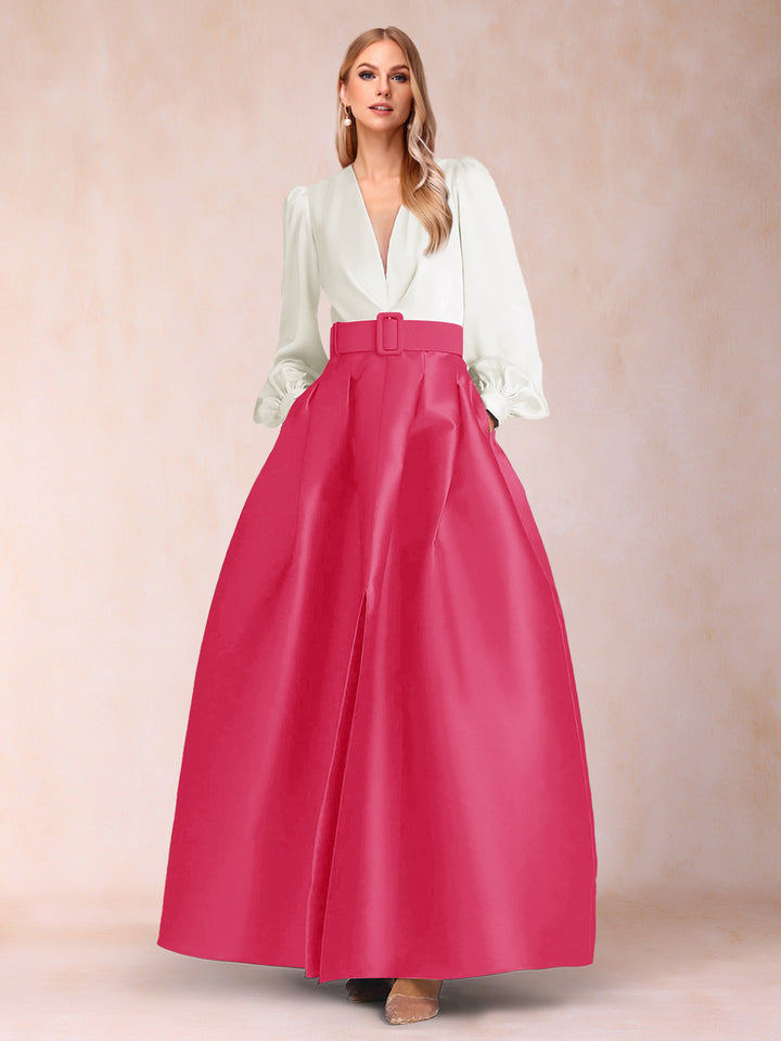 Satin A-Line/Princess V-Neck Floor-Length Long Sleeves Mother of the Bride Dresses With Belt