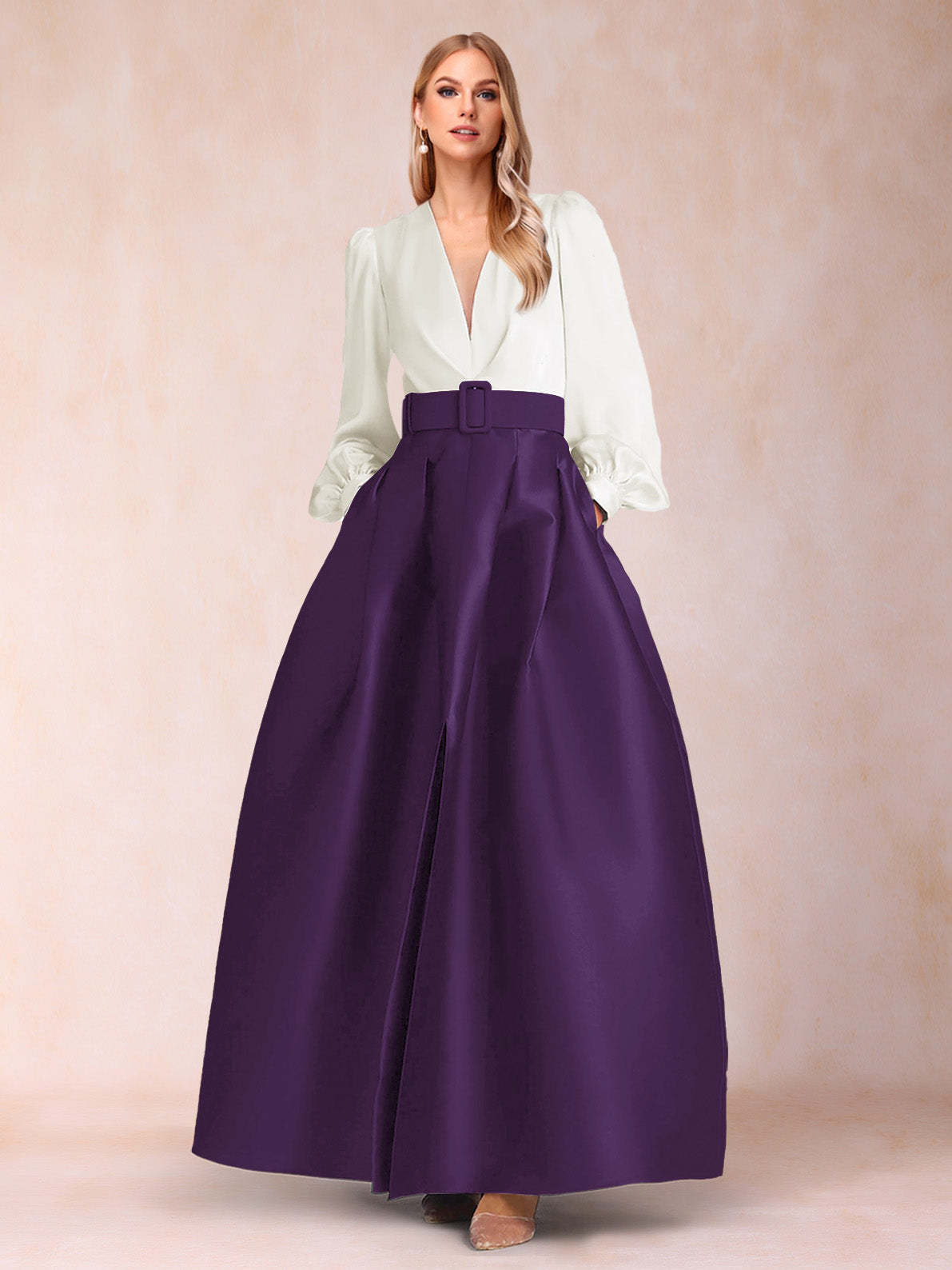 Satin A-Line/Princess V-Neck Floor-Length Long Sleeves Mother of the Bride Dresses With Belt
