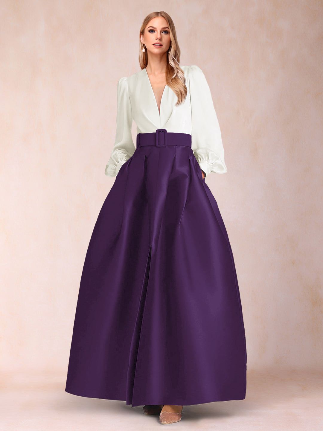 Satin A-Line/Princess V-Neck Floor-Length Long Sleeves Mother of the Bride Dresses With Belt