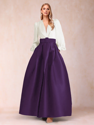 Satin A-Line/Princess V-Neck Floor-Length Long Sleeves Mother of the Bride Dresses With Belt