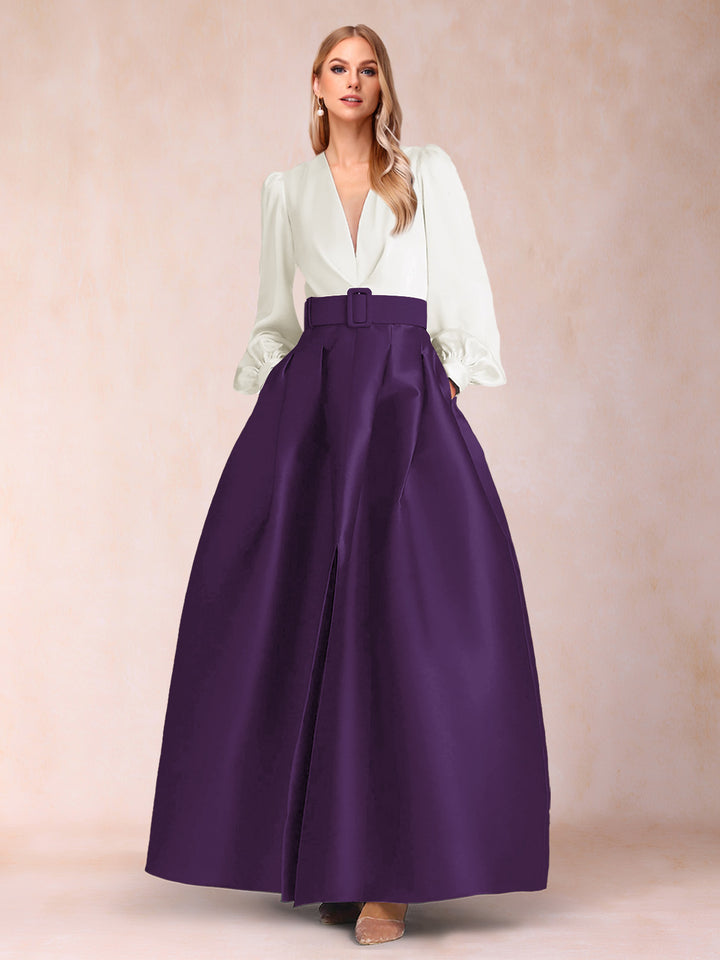 Satin A-Line/Princess V-Neck Floor-Length Long Sleeves Mother of the Bride Dresses With Belt