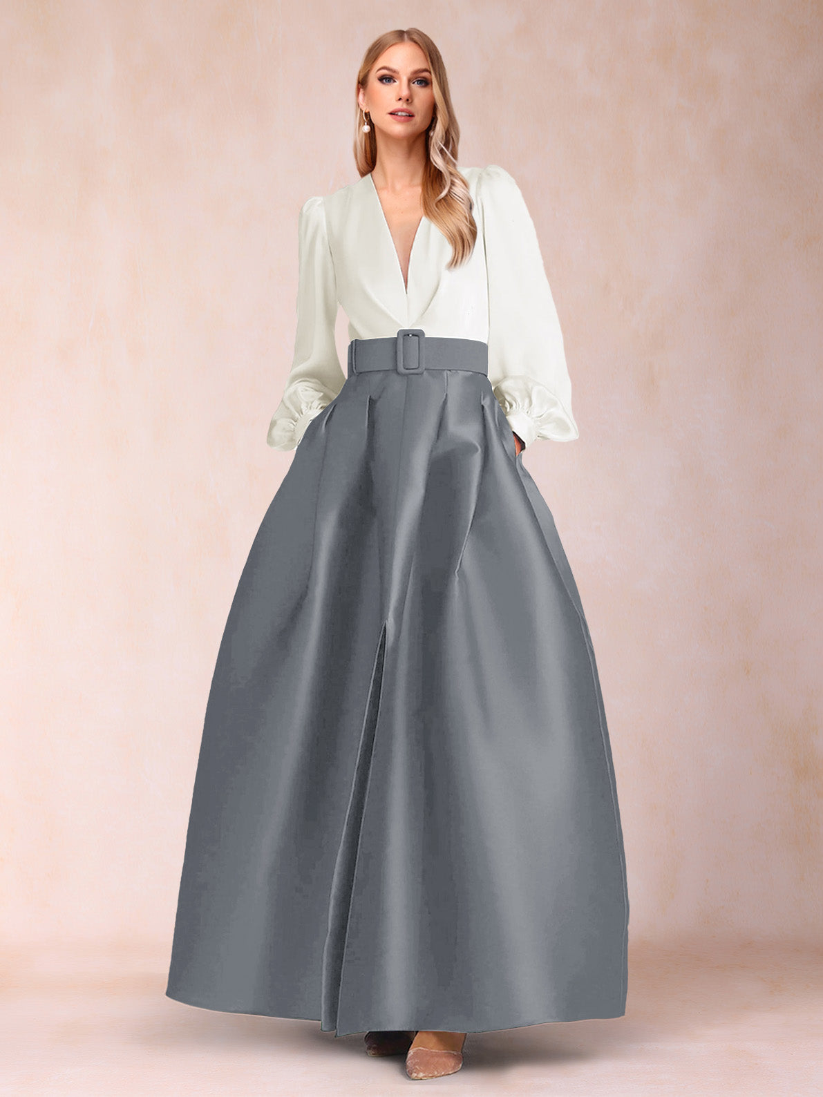 Satin A-Line/Princess V-Neck Floor-Length Long Sleeves Mother of the Bride Dresses With Belt