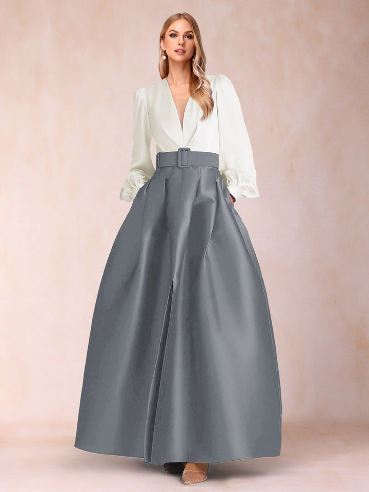Satin A-Line/Princess V-Neck Floor-Length Long Sleeves Mother of the Bride Dresses With Belt