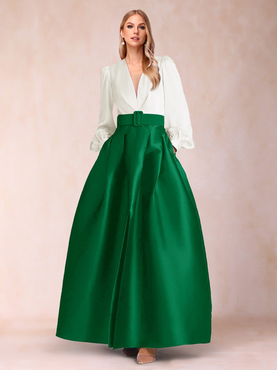 Satin A-Line/Princess V-Neck Floor-Length Long Sleeves Mother of the Bride Dresses With Belt