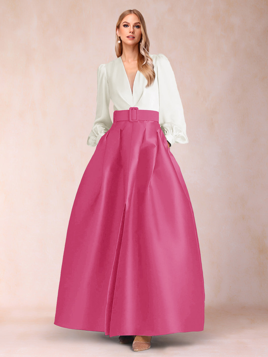 Satin A-Line/Princess V-Neck Floor-Length Long Sleeves Mother of the Bride Dresses With Belt
