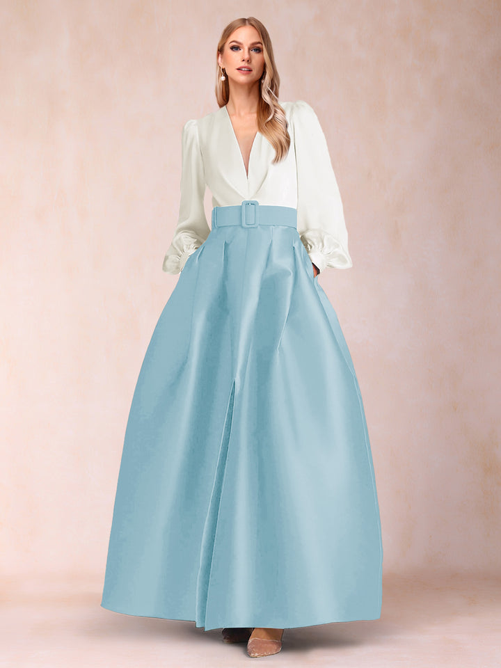 Satin A-Line/Princess V-Neck Floor-Length Long Sleeves Mother of the Bride Dresses With Belt