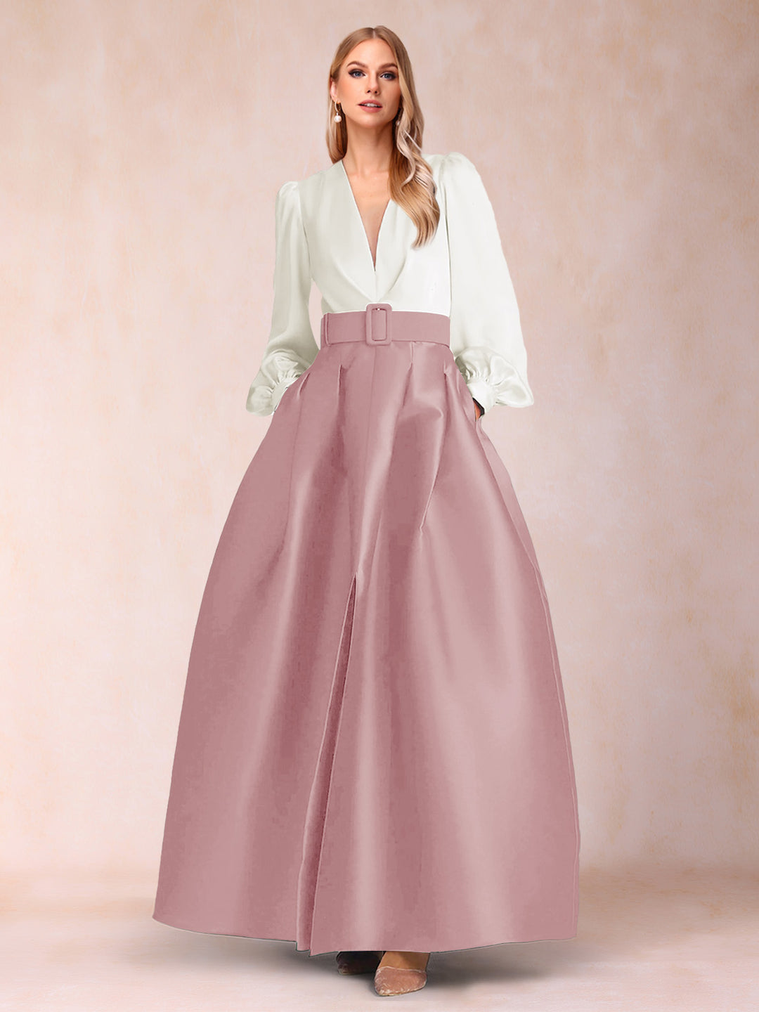 Satin A-Line/Princess V-Neck Floor-Length Long Sleeves Mother of the Bride Dresses With Belt