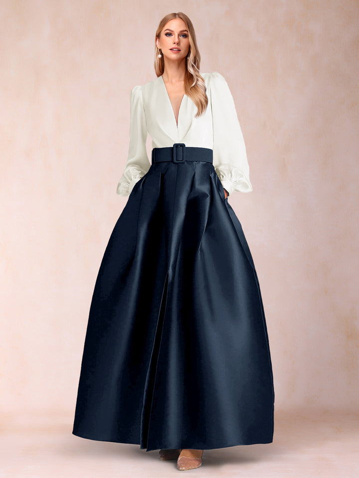 Satin A-Line/Princess V-Neck Floor-Length Long Sleeves Mother of the Bride Dresses With Belt