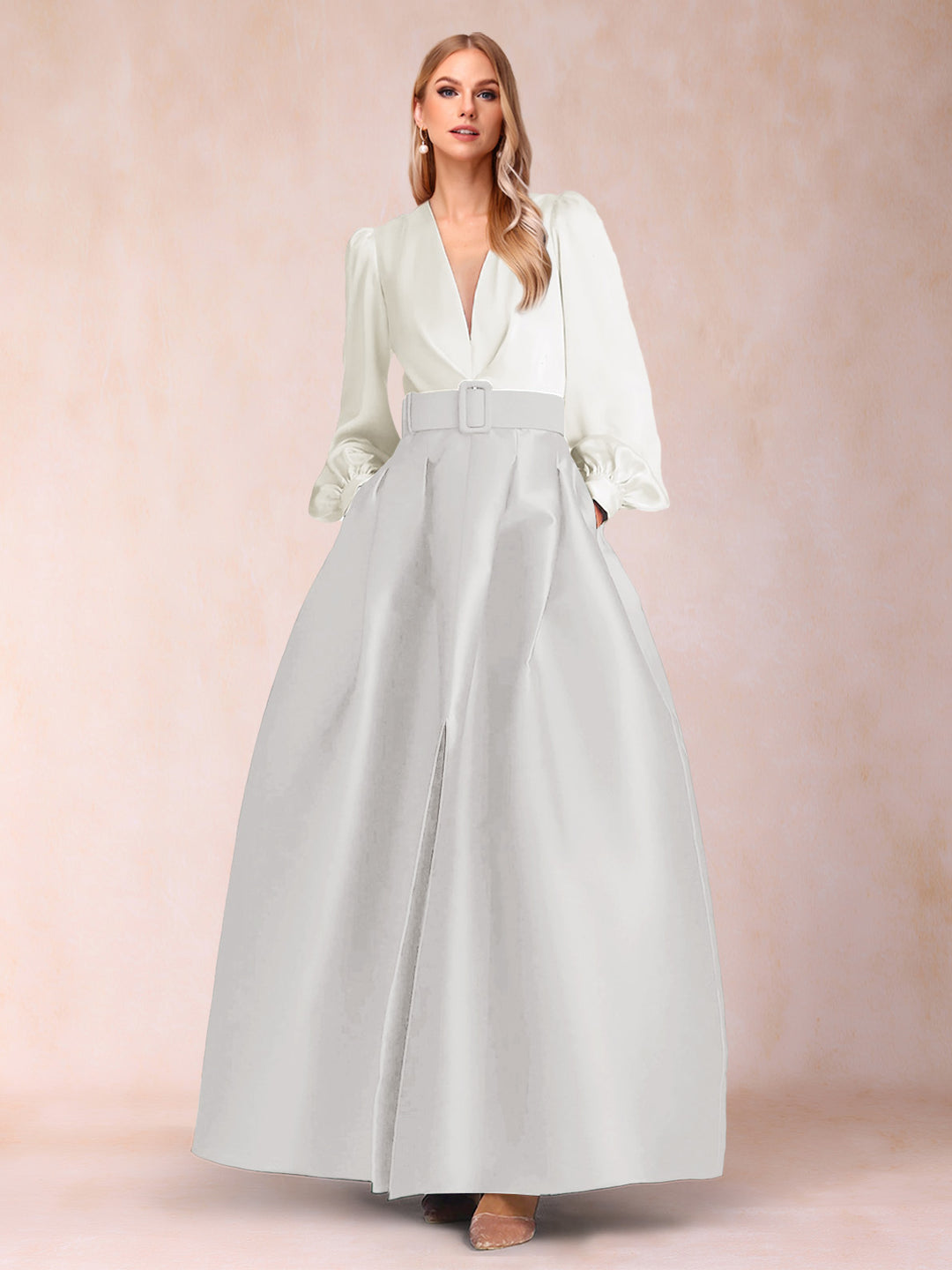 Satin A-Line/Princess V-Neck Floor-Length Long Sleeves Mother of the Bride Dresses With Belt
