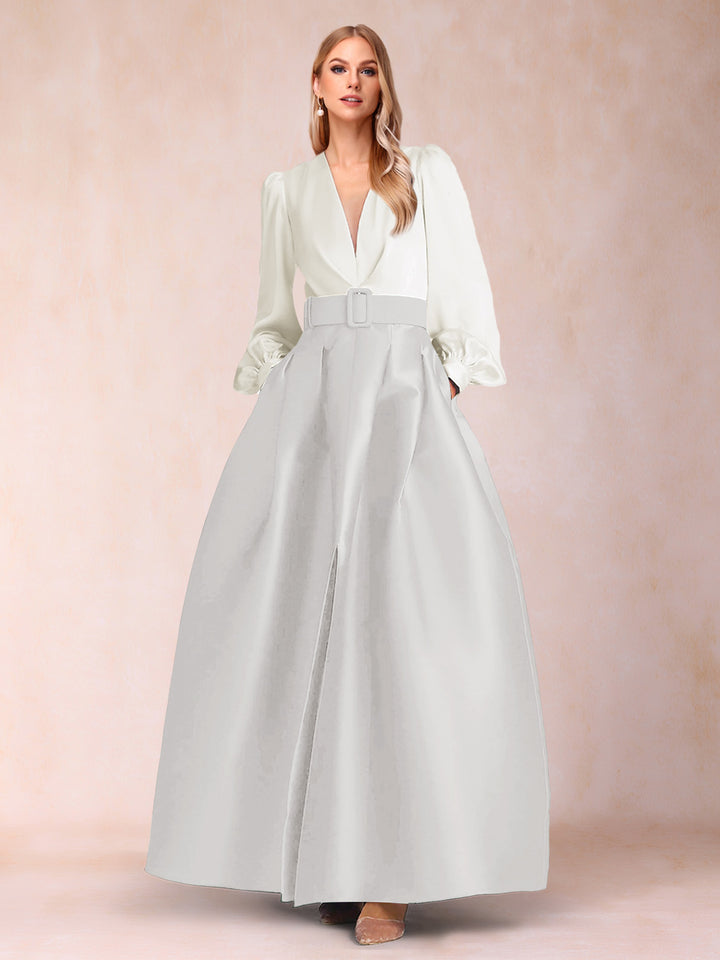 Satin A-Line/Princess V-Neck Floor-Length Long Sleeves Mother of the Bride Dresses With Belt