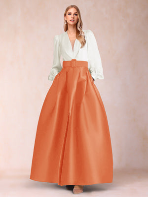 Satin A-Line/Princess V-Neck Floor-Length Long Sleeves Mother of the Bride Dresses With Belt