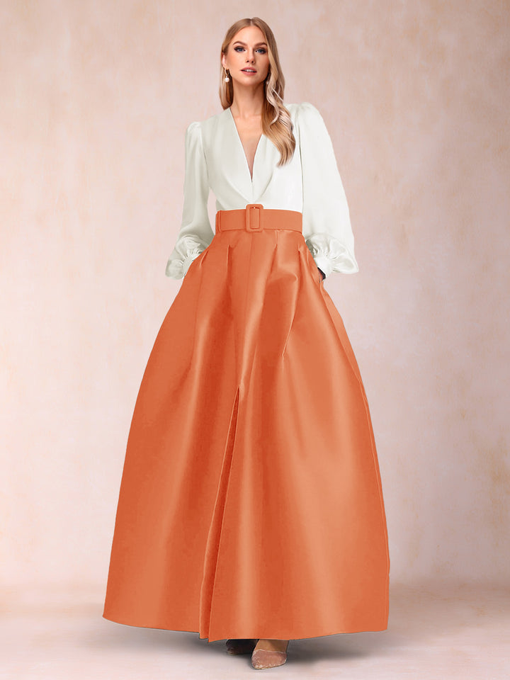 Satin A-Line/Princess V-Neck Floor-Length Long Sleeves Mother of the Bride Dresses With Belt