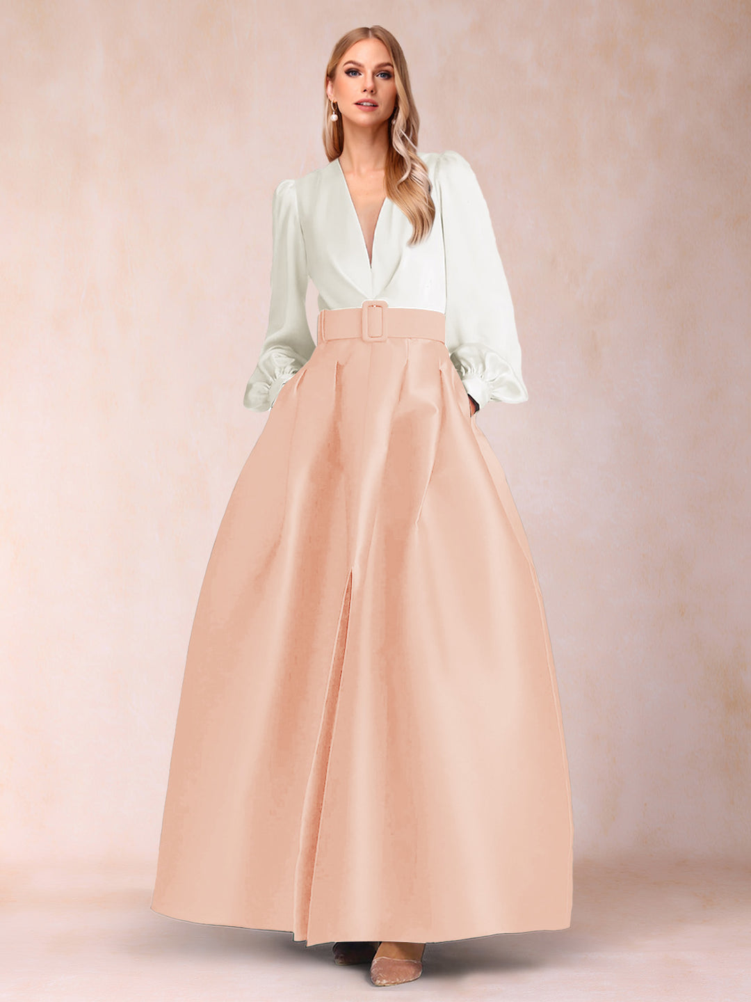 Satin A-Line/Princess V-Neck Floor-Length Long Sleeves Mother of the Bride Dresses With Belt