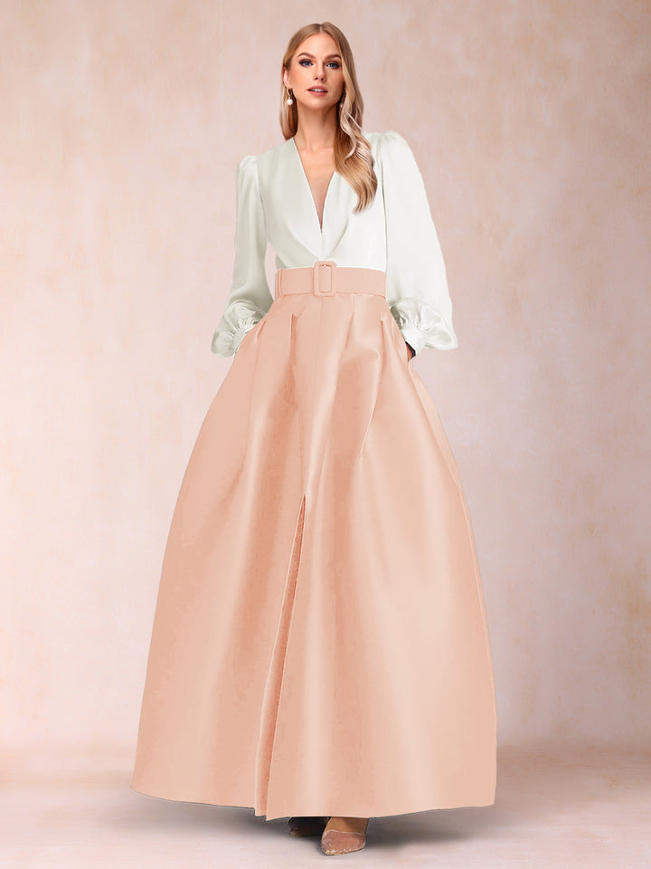Satin A-Line/Princess V-Neck Floor-Length Long Sleeves Mother of the Bride Dresses With Belt