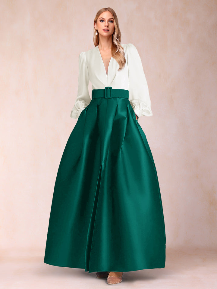 Satin A-Line/Princess V-Neck Floor-Length Long Sleeves Mother of the Bride Dresses With Belt