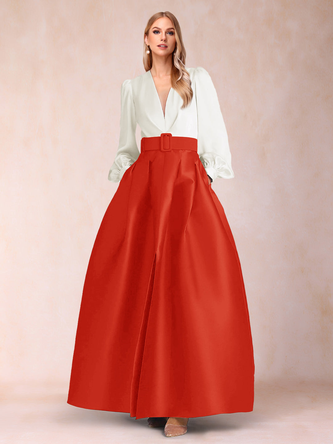 Satin A-Line/Princess V-Neck Floor-Length Long Sleeves Mother of the Bride Dresses With Belt