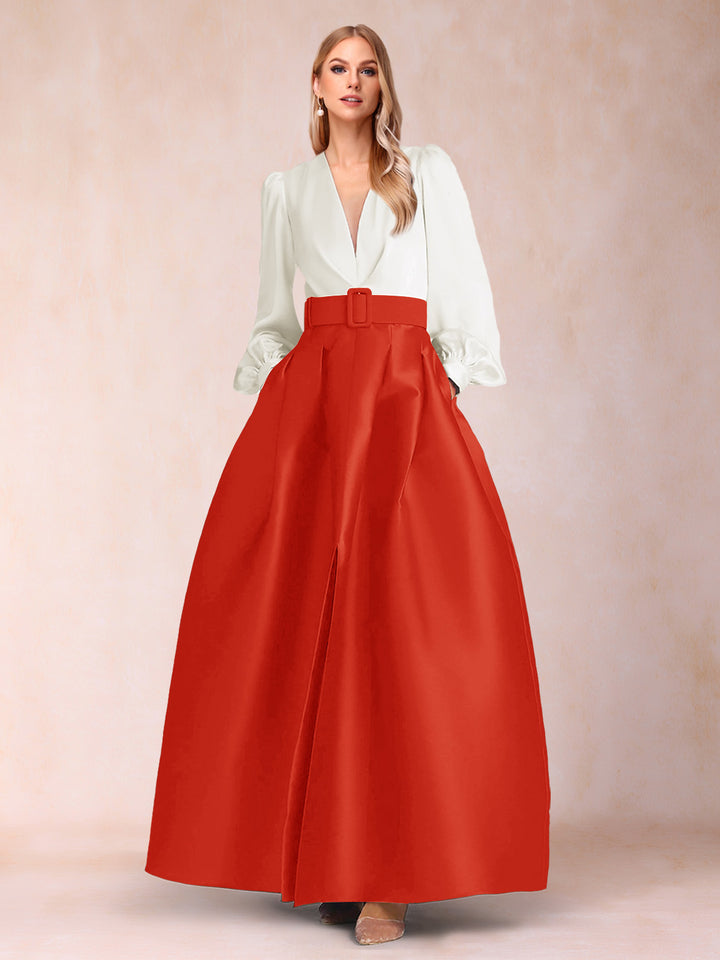 Satin A-Line/Princess V-Neck Floor-Length Long Sleeves Mother of the Bride Dresses With Belt