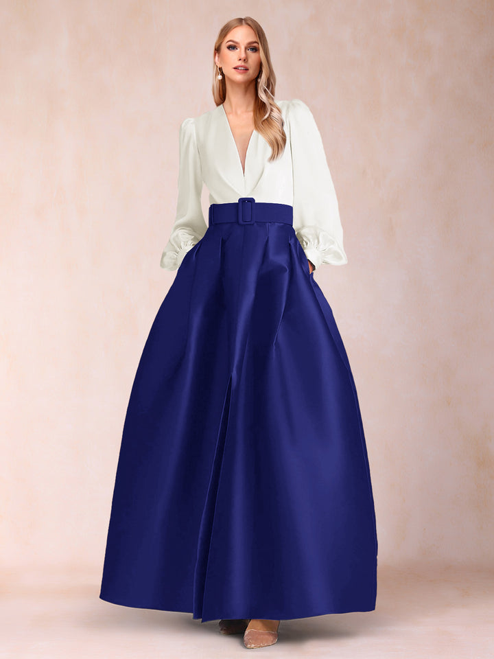 Satin A-Line/Princess V-Neck Floor-Length Long Sleeves Mother of the Bride Dresses With Belt
