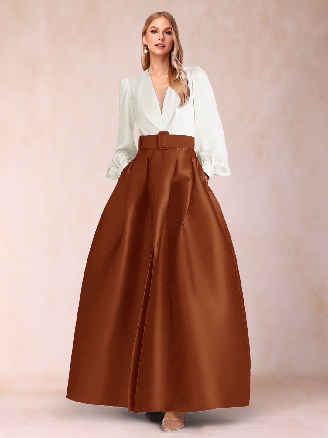 Satin A-Line/Princess V-Neck Floor-Length Long Sleeves Mother of the Bride Dresses With Belt