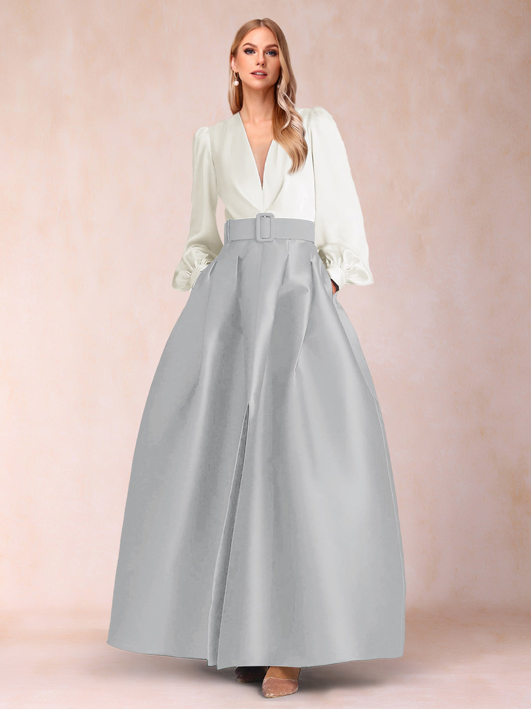 Satin A-Line/Princess V-Neck Floor-Length Long Sleeves Mother of the Bride Dresses With Belt