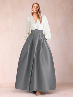Satin A-Line/Princess V-Neck Floor-Length Long Sleeves Mother of the Bride Dresses With Belt