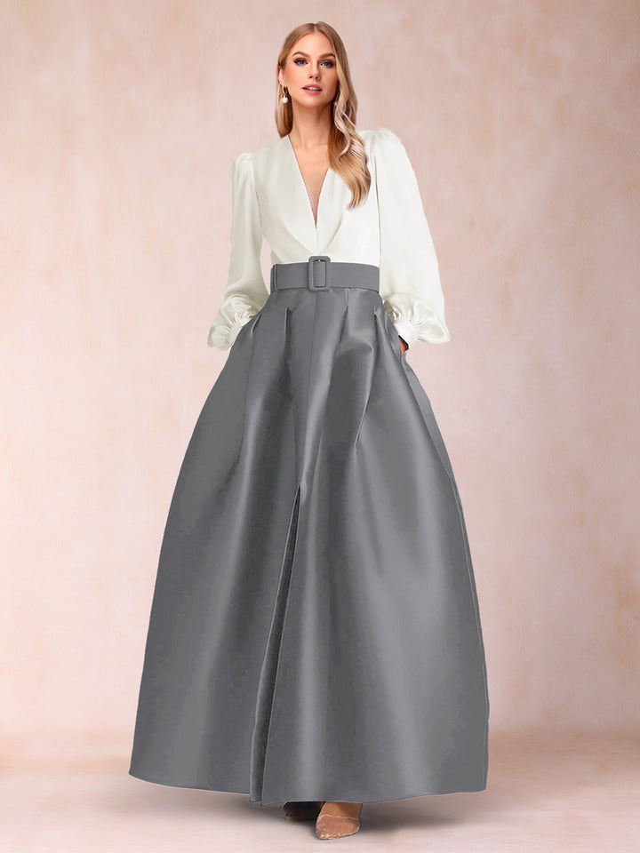 Satin A-Line/Princess V-Neck Floor-Length Long Sleeves Mother of the Bride Dresses With Belt
