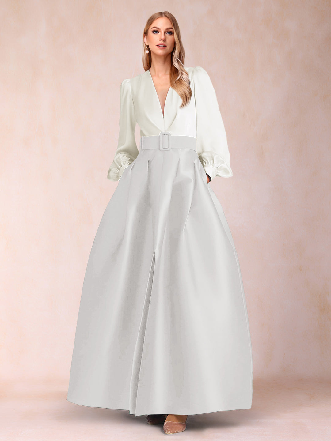 Satin A-Line/Princess V-Neck Floor-Length Long Sleeves Mother of the Bride Dresses With Belt