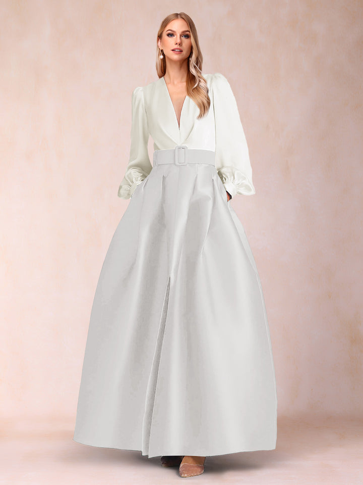 Satin A-Line/Princess V-Neck Floor-Length Long Sleeves Mother of the Bride Dresses With Belt