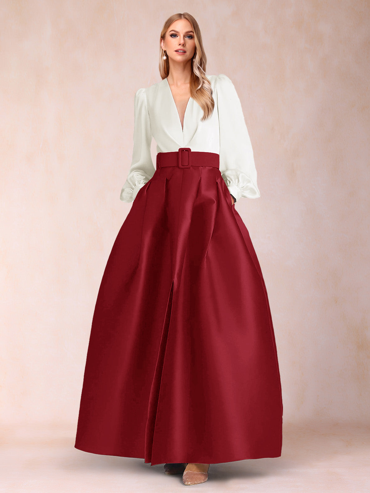 Satin A-Line/Princess V-Neck Floor-Length Long Sleeves Mother of the Bride Dresses With Belt
