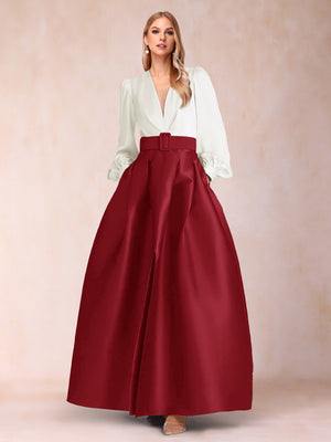 Satin A-Line/Princess V-Neck Floor-Length Long Sleeves Mother of the Bride Dresses With Belt