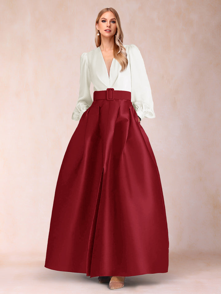 Satin A-Line/Princess V-Neck Floor-Length Long Sleeves Mother of the Bride Dresses With Belt
