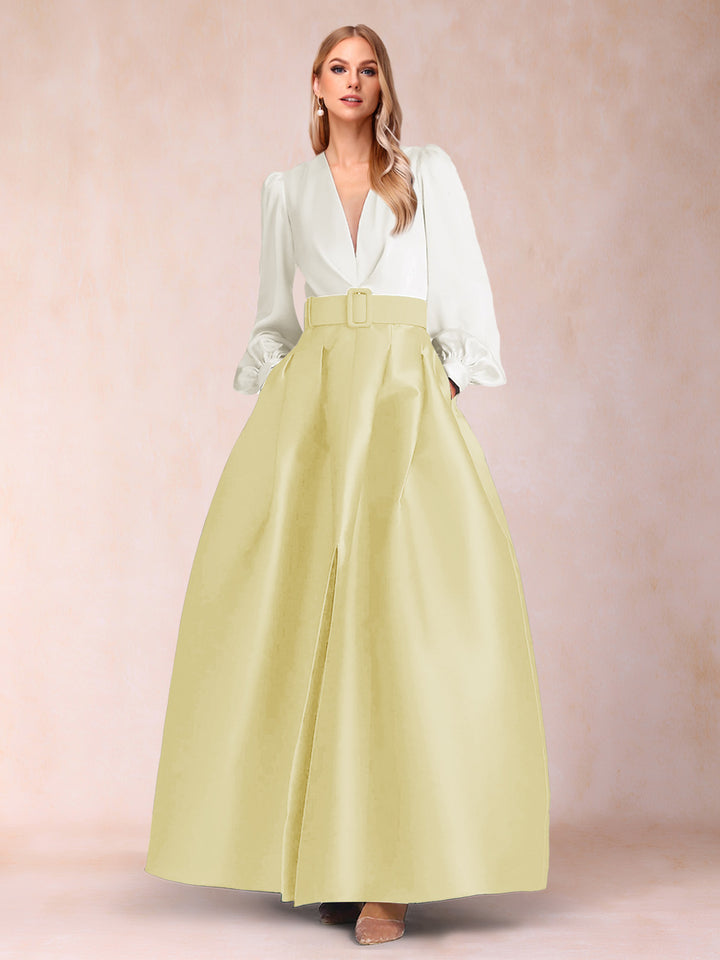 Satin A-Line/Princess V-Neck Floor-Length Long Sleeves Mother of the Bride Dresses With Belt