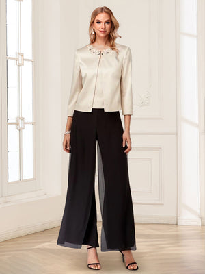 Scoop Long Sleeves 3 Pieces Pantsuits with Beading