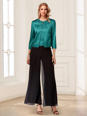 Scoop Long Sleeves 3 Pieces Pantsuits with Beading