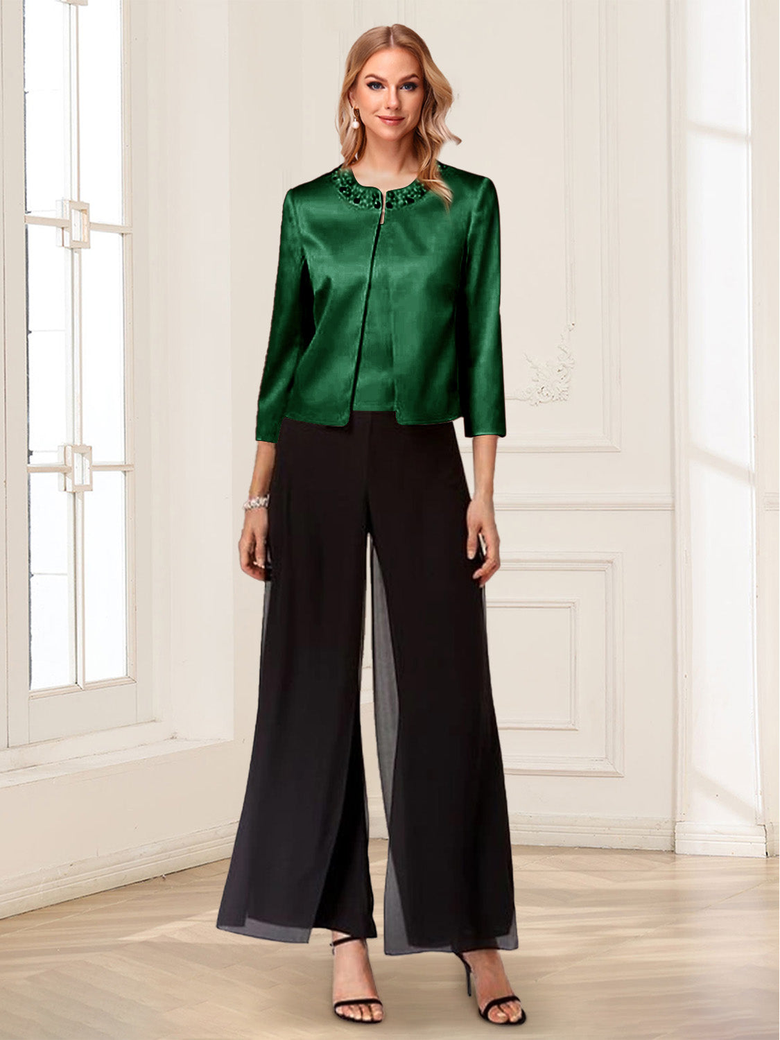 Scoop Long Sleeves 3 Pieces Pantsuits with Beading