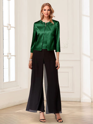 Scoop Long Sleeves 3 Pieces Pantsuits with Beading