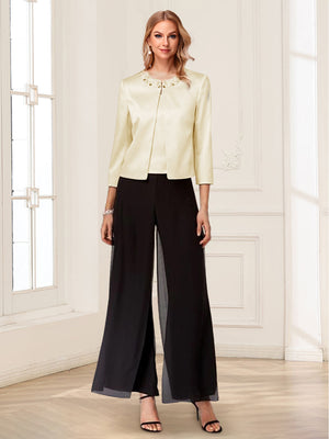 Scoop Long Sleeves 3 Pieces Pantsuits with Beading