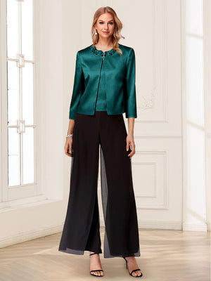 Scoop Long Sleeves 3 Pieces Pantsuits with Beading