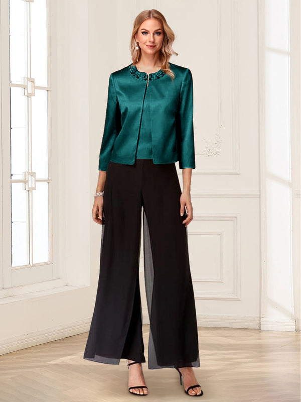 Scoop Long Sleeves 3 Pieces Pantsuits with Beading