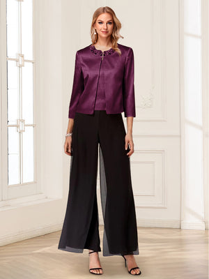Scoop Long Sleeves 3 Pieces Pantsuits with Beading